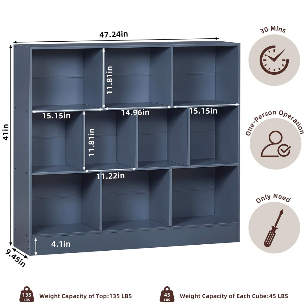 LEYAOYAO 7 Cube Bookshelf with Base,3 Tier Mid-Century Modern Blue Bookcase,Standing Wide Bookshelves Storage Organizer Shelf,Rustic Wood Display Cabinet Book Shelves for Bedroom,Living Room,Office