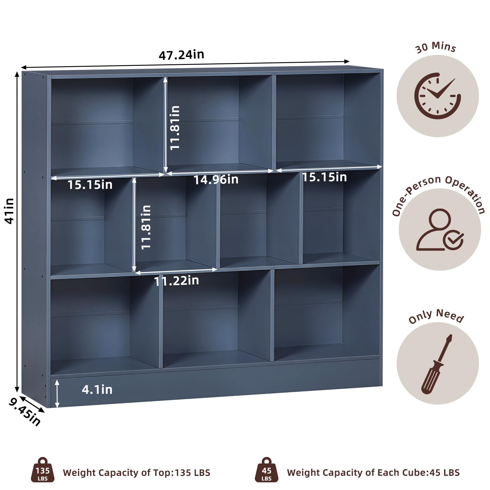 LEYAOYAO 7 Cube Bookshelf with Base,3 Tier Mid-Century Modern Blue Bookcase,Standing Wide Bookshelves Storage Organizer Shelf,Rustic Wood Display Cabinet Book Shelves for Bedroom,Living Room,Office