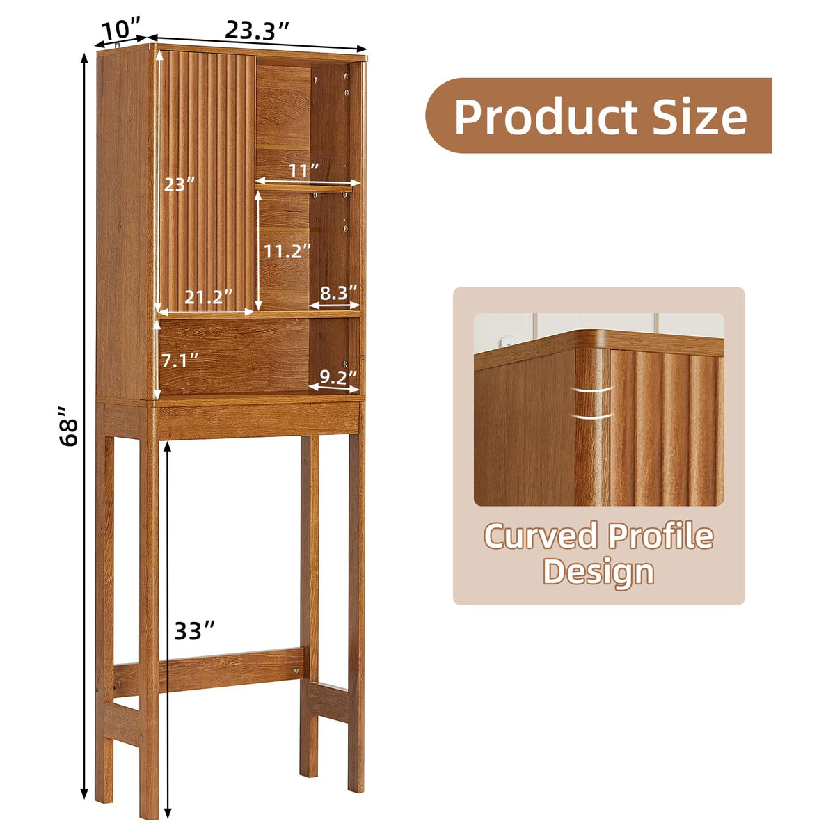 LEYAOYAO 68" Modern Fluted Over The Toilet Storage Cabinet, a Sliding Door