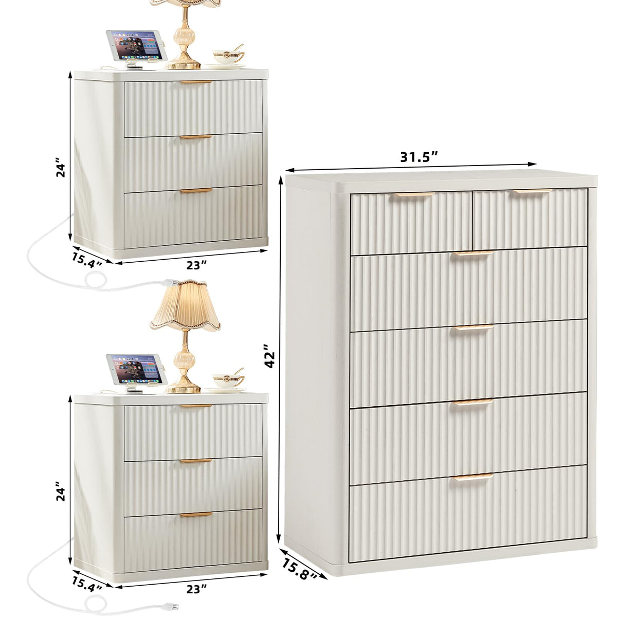 LEYAOYAO Fluted Dressers & Nightstand Set of 4, Wood 48" Wide Dresser & 42" Tall Chest of Drawers,Modern Bedroom Furniture Sets, Natural Wooden Nightstand Set of 2 with 3 Drawers & Charging Station