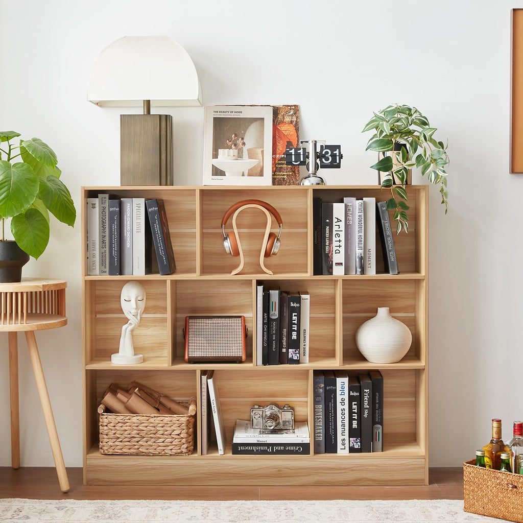 LEYAOYAO 7 Cube Bookshelf with Base,3 Tier Mid-Century Modern Blue Bookcase,Standing Wide Bookshelves Storage Organizer Shelf,Rustic Wood Display Cabinet Book Shelves for Bedroom,Living Room,Office
