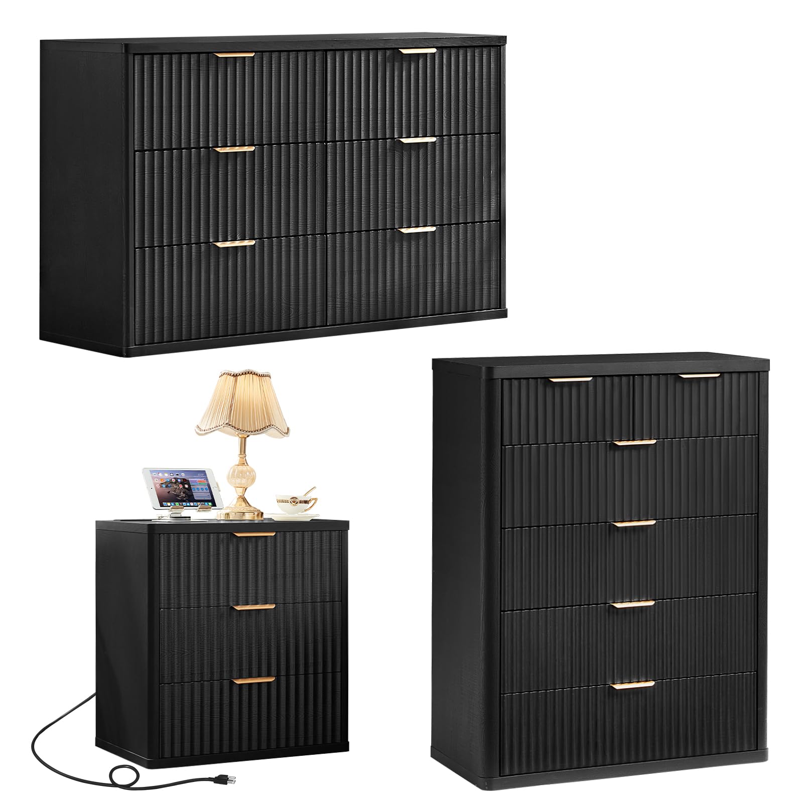 LEYAOYAO Fluted Dressers & Nightstand Set of 4, Wood 48" Wide Dresser & 42" Tall Chest of Drawers,Modern Bedroom Furniture Sets, Natural Wooden Nightstand Set of 2 with 3 Drawers & Charging Station