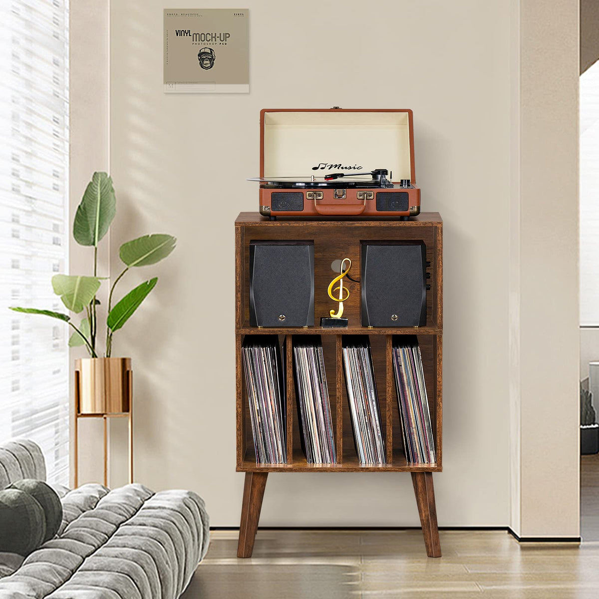 Lerliuo Record Player Stand, Walnut Turntable Stand Holds up to 160 Albums