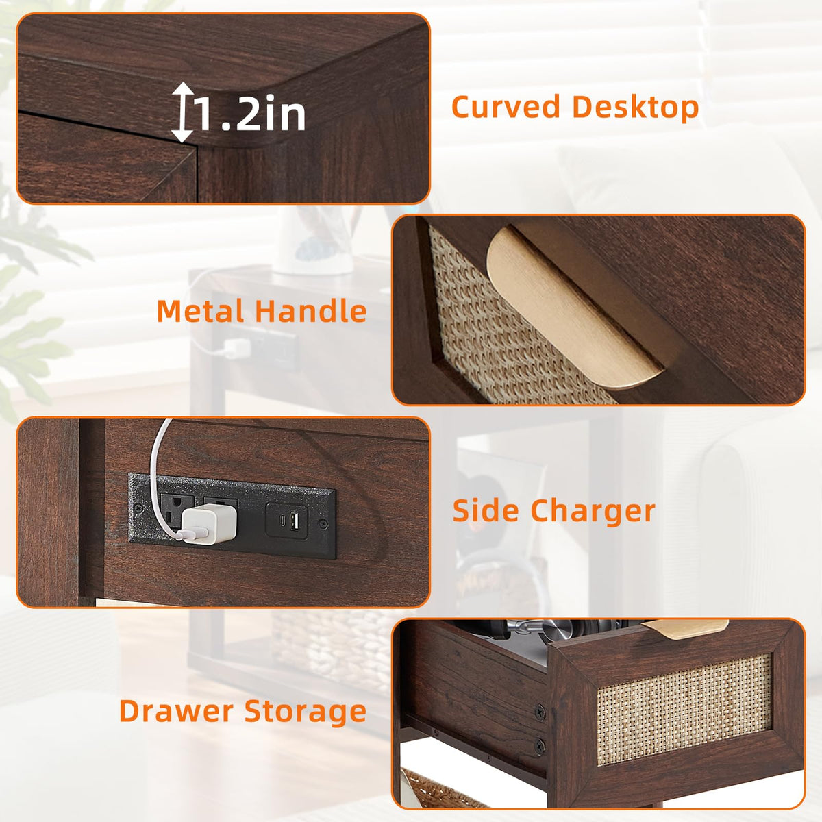 LEYAOYAO Narrow Side Table with Charging Station, Rattan 24 x 14''