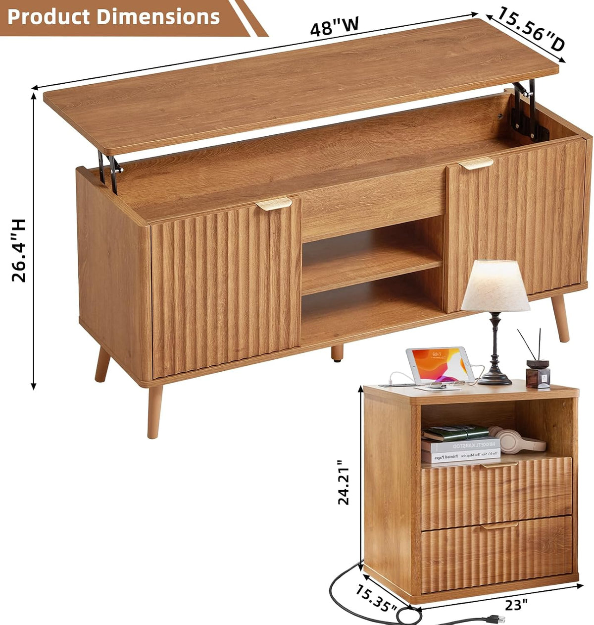 LEYAOYAO Fluted Lift Top Coffee Table and Night Stand Set,Wood 48" Wide Center Tables & 23" with Charging Station Chest of Drawers,Farmhouse Living Room Suites for Bedroom Home,Brown