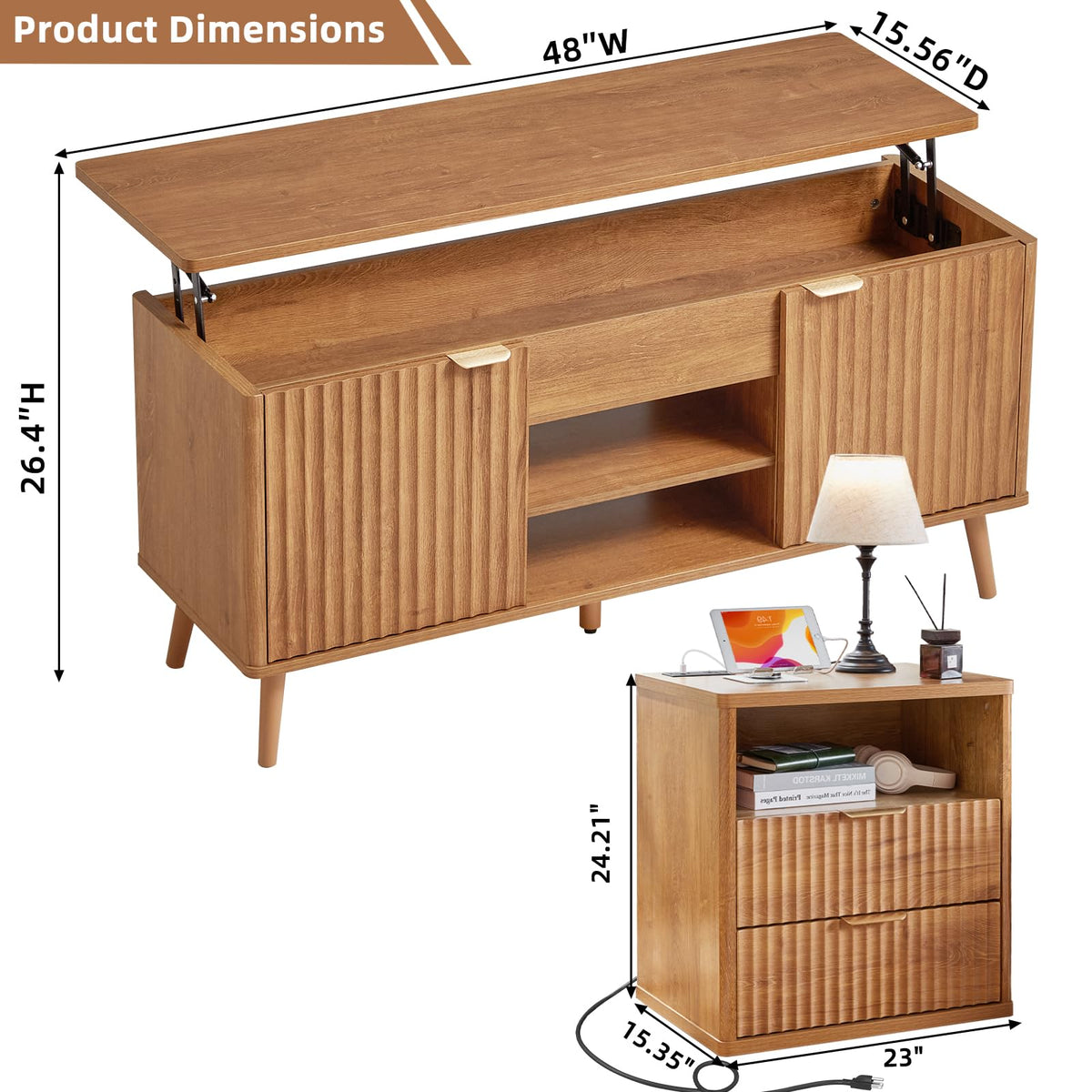 LEYAOYAO Fluted Lift Top Coffee Table and Night Stand Set,Wood 48" Wide Center Tables & 23" with Charging Station Chest of Drawers,Farmhouse Living Room Suites for Bedroom Home,Brown