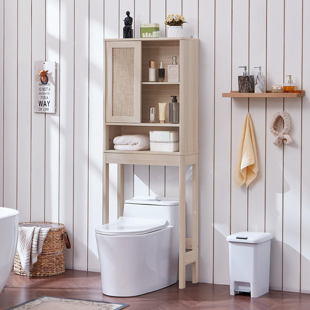 LEYAOYAO 68" Boho Over the Toilet Storage Cabinet with Rattan Sliding Door
