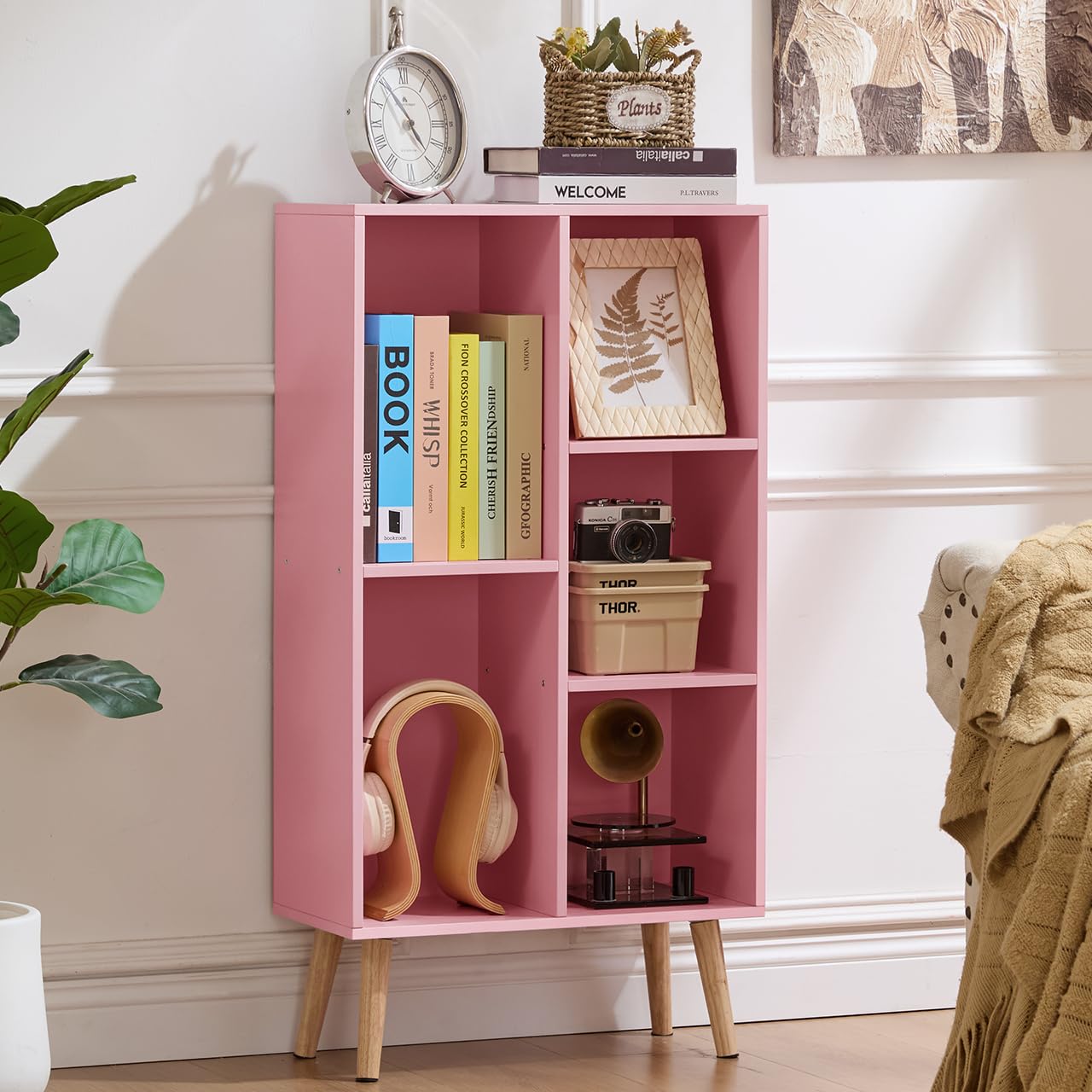 LEYAOYAO Cube Bookshelf, Mid-Century Modern Book Shelf with Legs, Brown