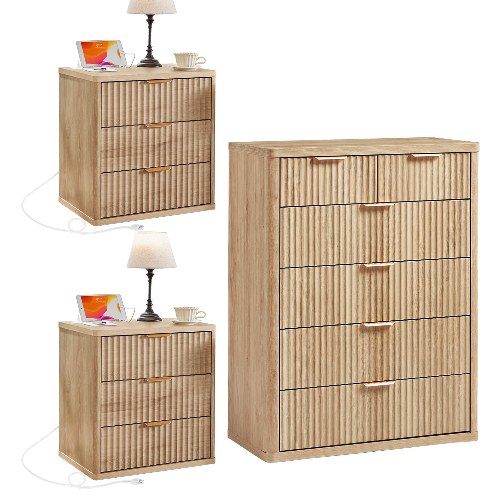 LEYAOYAO Fluted Dressers & Nightstand Set of 4, Wood 48" Wide Dresser & 42" Tall Chest of Drawers,Modern Bedroom Furniture Sets, Natural Wooden Nightstand Set of 2 with 3 Drawers & Charging Station