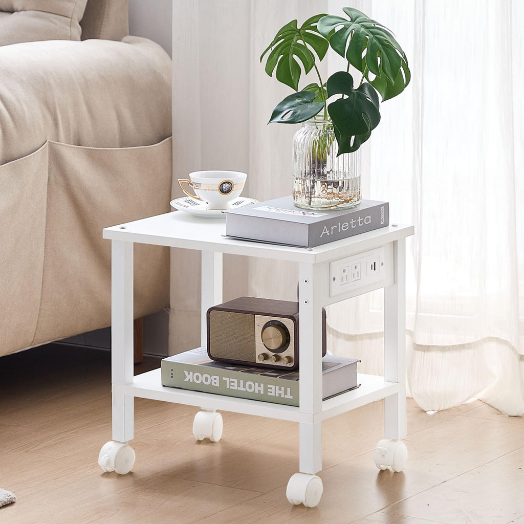 Lerliuo Under Desk Printer Stand with Charging Station, 2 Tier Wooden Small Printer Table with Storage, Rolling Printer Cart Shelf with Lockable Wheels for Home, Office (Brown)