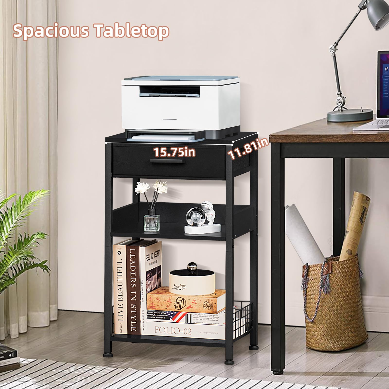 Lerliuo Printer Stand with Storage, 3-Tier Printer Table with Drawer, White