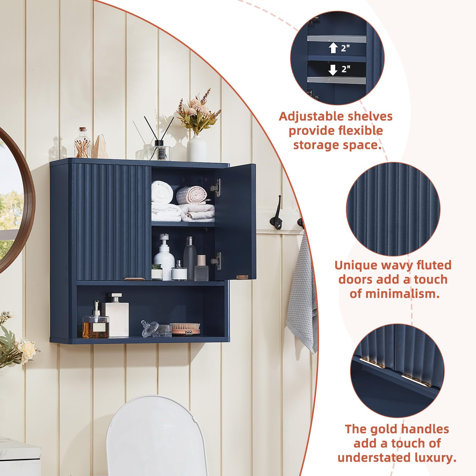 LEYAOYAO Fluted Over The Toilet Storage Cabinet & Bathroom Wall Cabinet Set of 2, Farmhouse Above Toilet Organizer, Medicine Cabinet w/Adjustable Shelf & Doors for Laundry Living Room Kitchen(Black)