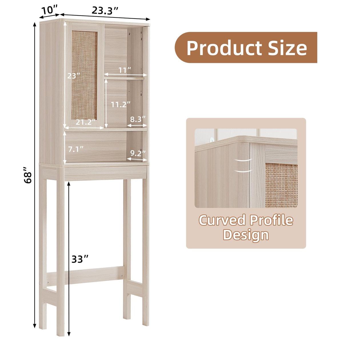 LEYAOYAO 68" Boho Over the Toilet Storage Cabinet with Rattan Sliding Door