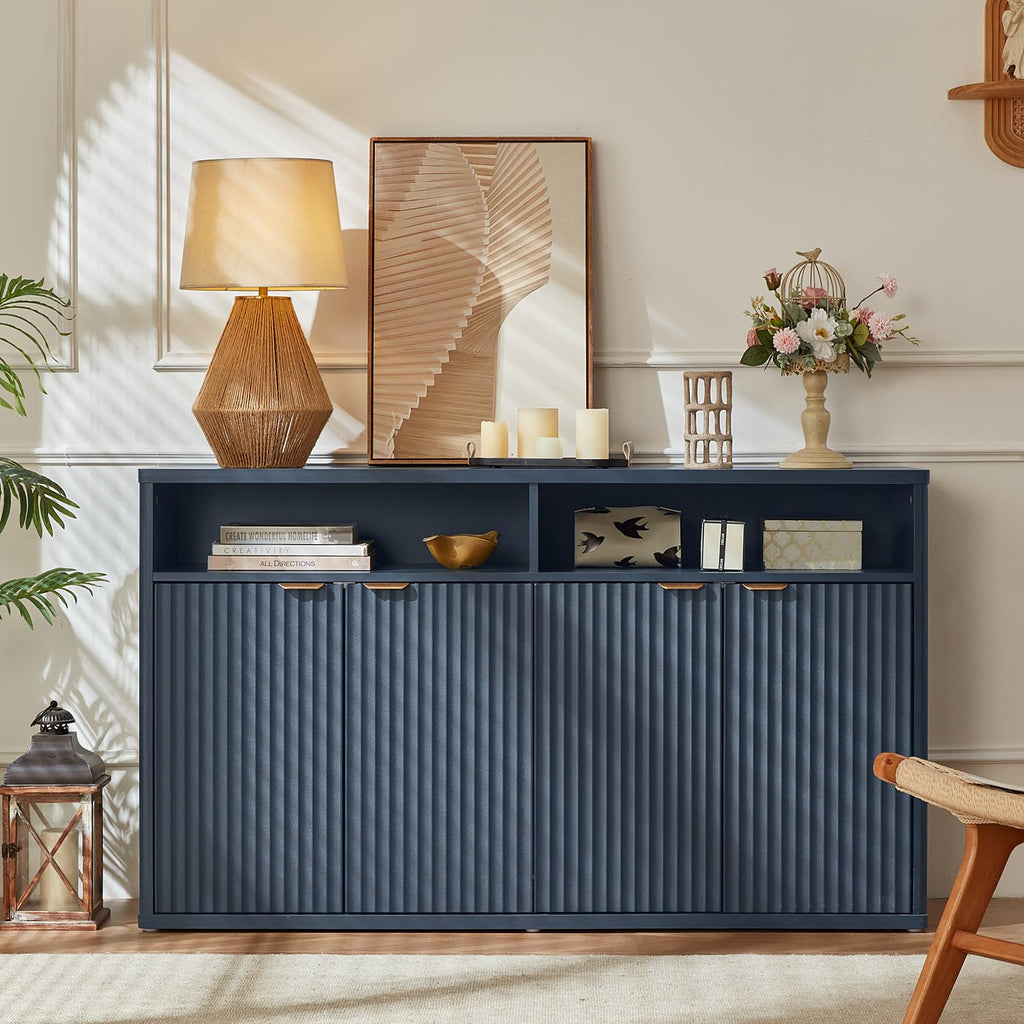 LEYAOYAO 45-Inch Fluted Buffet Cabinet with 3 Doors,Dark Blue