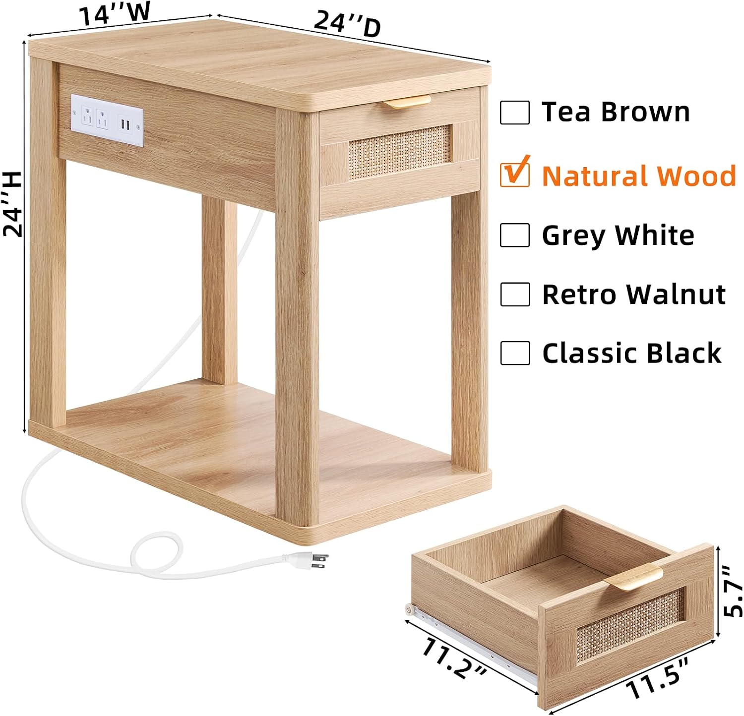 LEYAOYAO Narrow Side Table with Charging Station, Rattan 24 x 14''