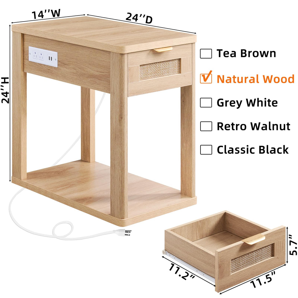 LEYAOYAO Narrow Side Table with Charging Station, Rattan 24 x 14''