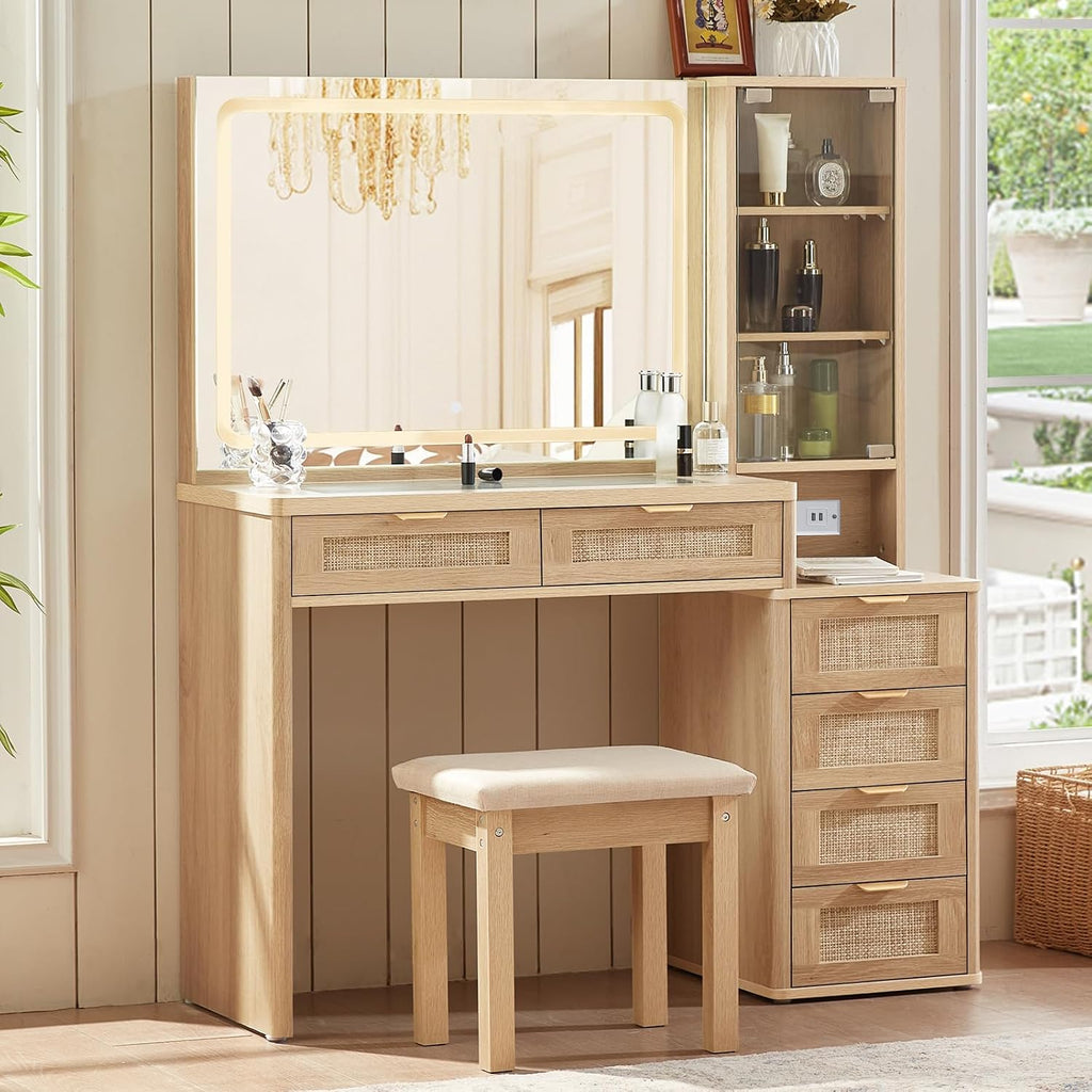 LEYAOYAO Rattan Makeup Vanity Desk with Stool, Mirror and Lights
