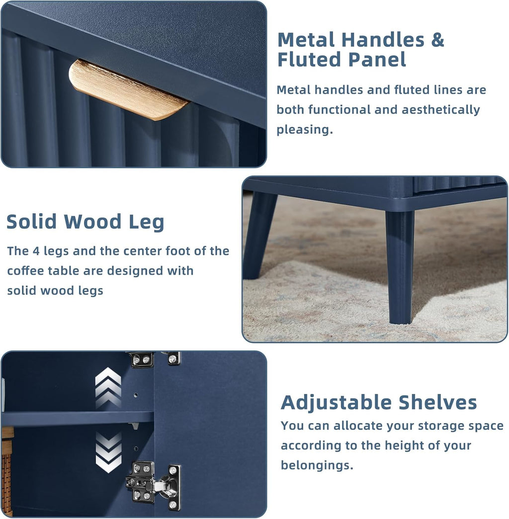 LEYAOYAO Fluted Lift Top Coffee Table and Nightstand Set,Wood 48" Wide Center Tables & 23" Night Stand with 3 Drawers,Farmhouse Living Room Suites for Bedroom Home Living Room Hallway,Blue