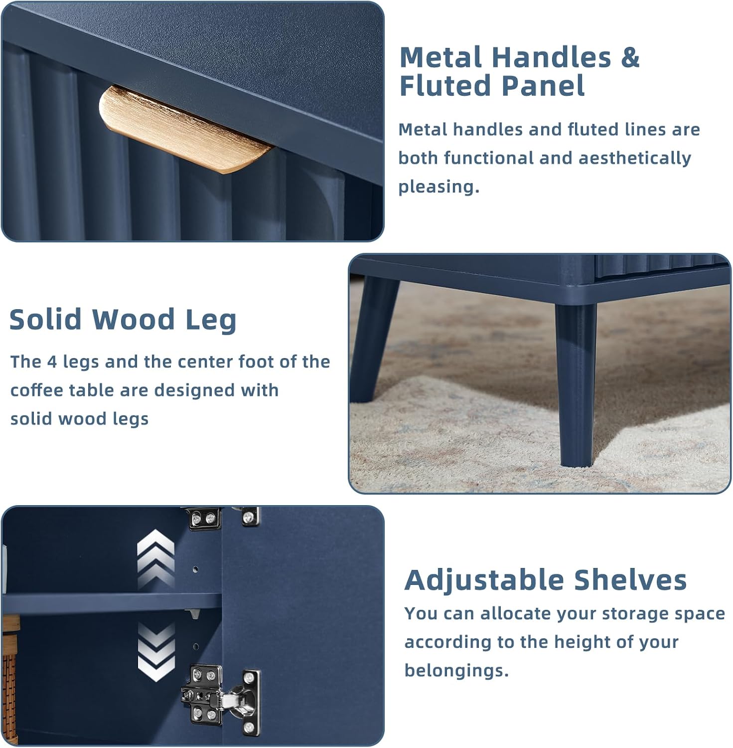 LEYAOYAO Fluted Lift Top Coffee Table and Nightstand Set,Wood 48" Wide Center Tables & 23" Night Stand with 3 Drawers,Farmhouse Living Room Suites for Bedroom Home Living Room Hallway,Blue