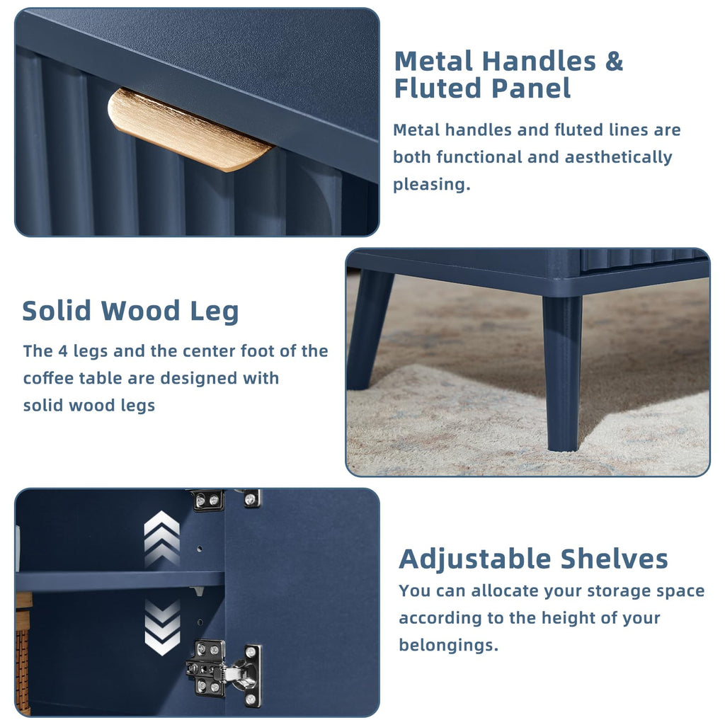 LEYAOYAO Fluted Lift Top Coffee Table and Nightstand Set,Wood 48" Wide Center Tables & 23" Night Stand with 3 Drawers,Farmhouse Living Room Suites for Bedroom Home Living Room Hallway,Blue