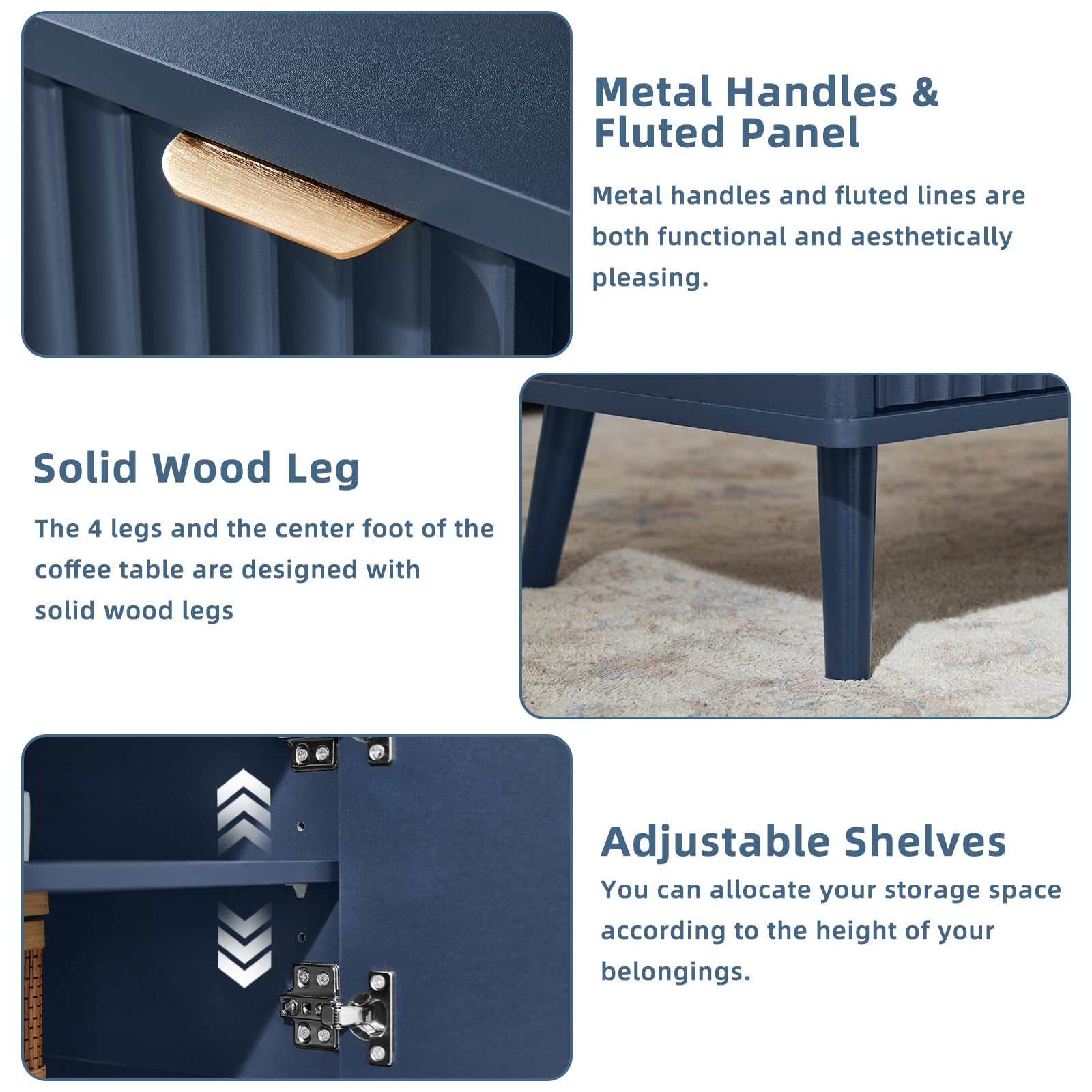 LEYAOYAO Fluted Lift Top Coffee Table and Nightstand Set,Wood 48" Wide Center Tables & 23" Night Stand with 3 Drawers,Farmhouse Living Room Suites for Bedroom Home Living Room Hallway,Blue