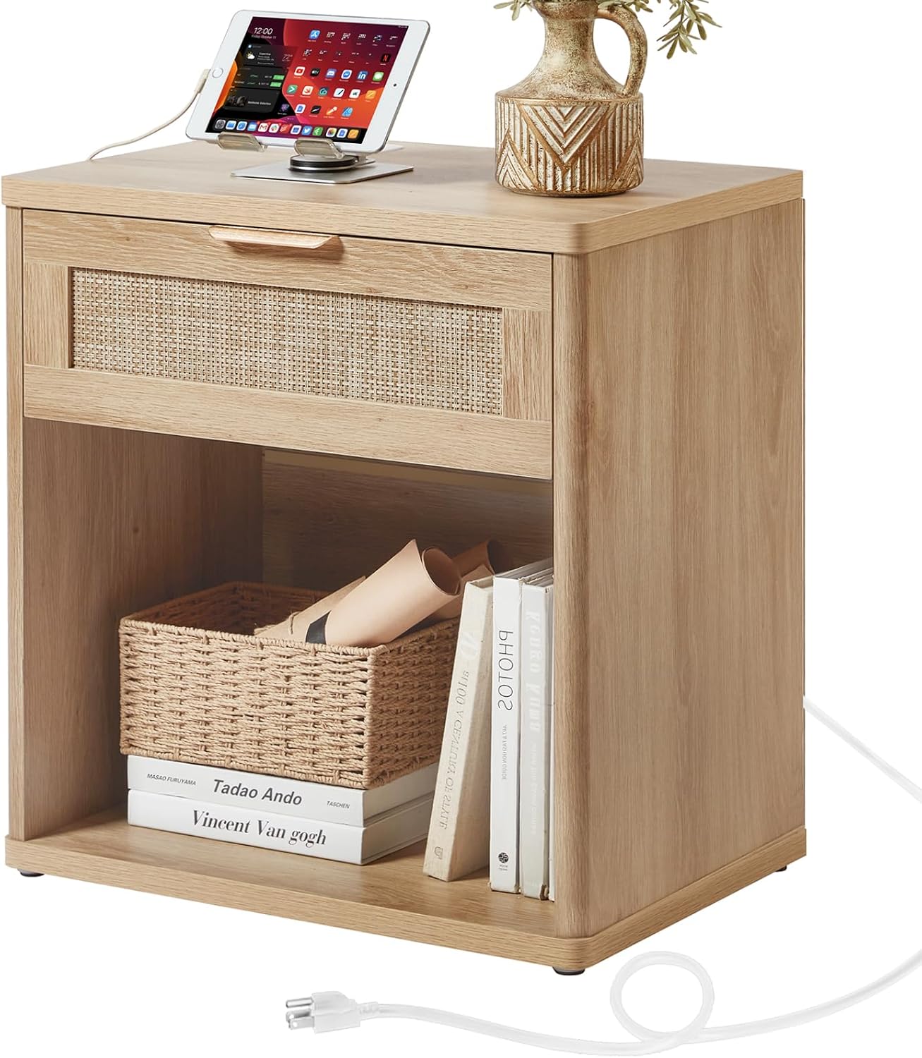 Lerliuo Rattan NightStand with Charger Station, 23" Wide Boho Bedside Table with Drawers, Natural Wood Night Stand Open Storage Cabinet, Bed Side End Table Dresser for Living Room, Hallway, Bedroom