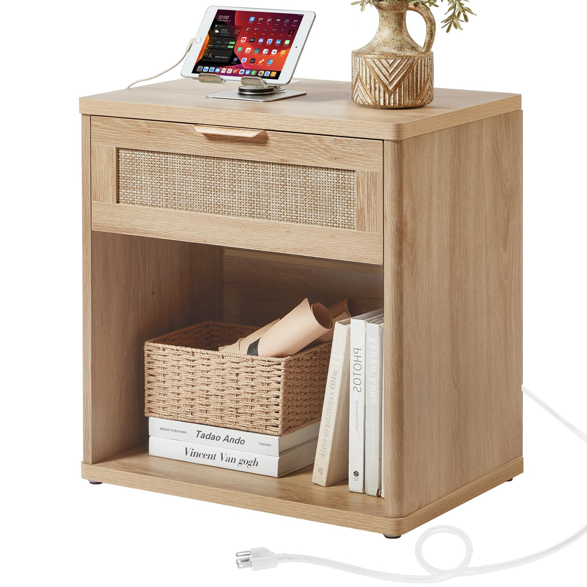 Lerliuo Rattan NightStand with Charger Station, 23" Wide Boho Bedside Table with Drawers, Natural Wood Night Stand Open Storage Cabinet, Bed Side End Table Dresser for Living Room, Hallway, Bedroom