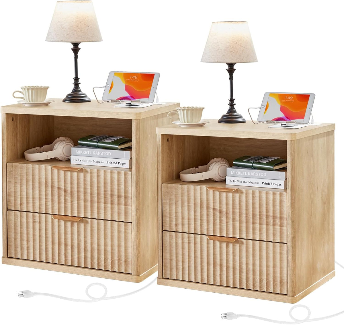 LEYAOYAO 23" Wide Fluted Night Stand with Charging Station, 3 Drawers Large End Table with Storage, Natural Nightstand Wood Bedside Tables, Farmhouse Cabinet Dresser for Bedroom, Closet