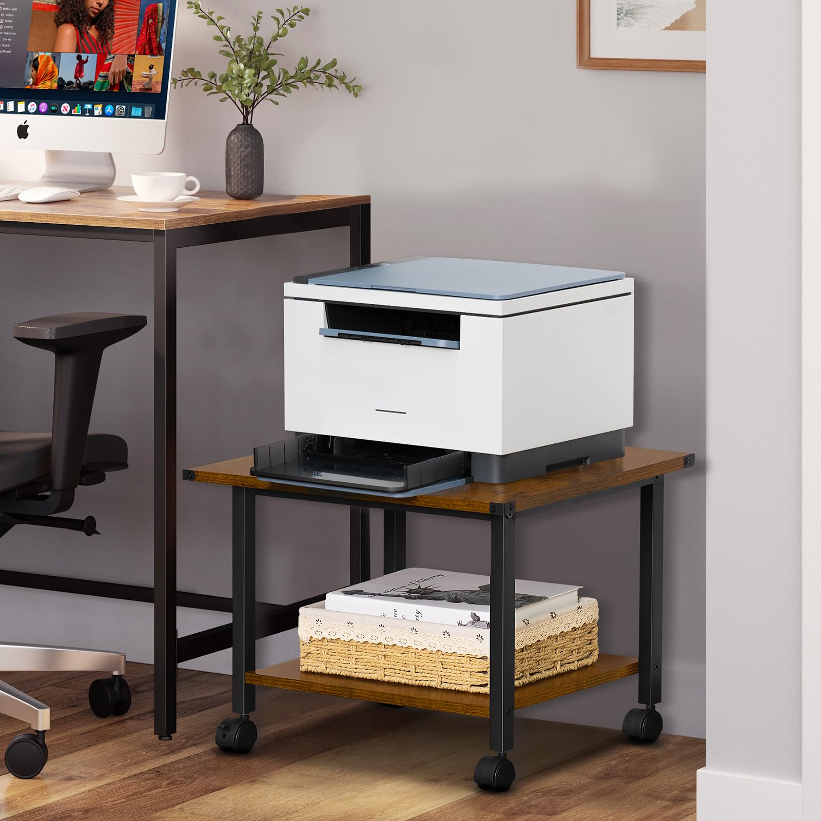 Lerliuo 3-Tier Printer Stand, Industrial Mobile Printer Table with Storage Shelf and Steel Frame, Rolling Printer Cart Holder with Lockable Wheels for Home, Office (White)