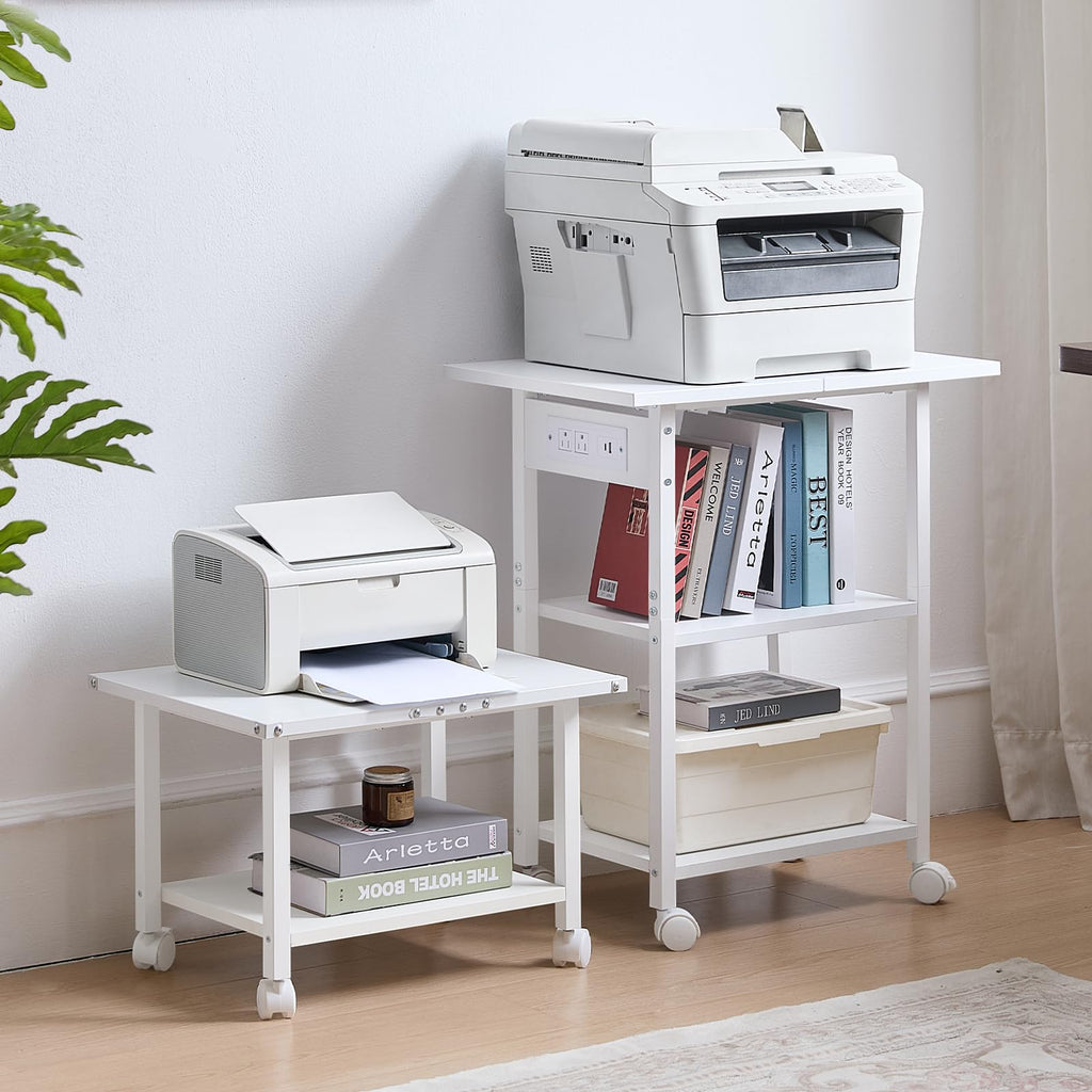 Lerliuo 3-Tier Printer Stand, Industrial Mobile Printer Table with Storage Shelf and Steel Frame, Rolling Printer Cart Holder with Lockable Wheels for Home, Office (White)