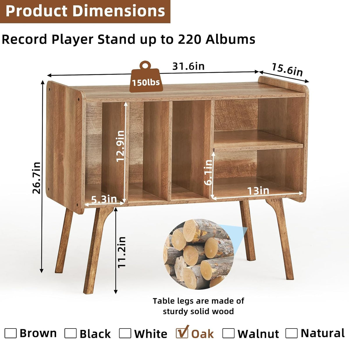 Lerliuo Record Player Stand with 4 Cabinet Holds Up to 220 Albums,Oak
