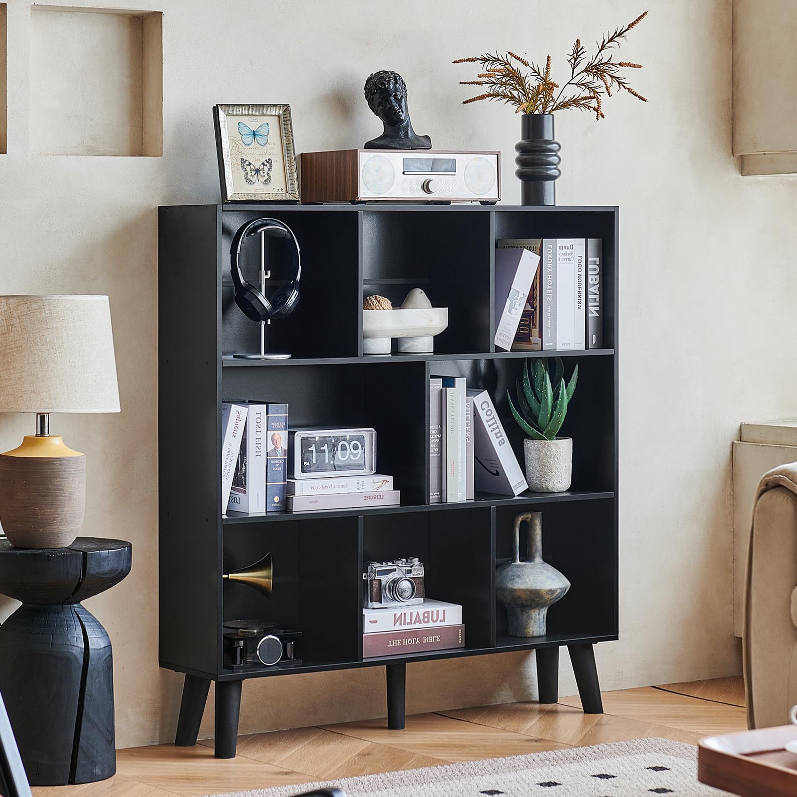 LEYAOYAO Cube Bookshelf, Mid-Century Modern Book Shelf with Legs, Brown