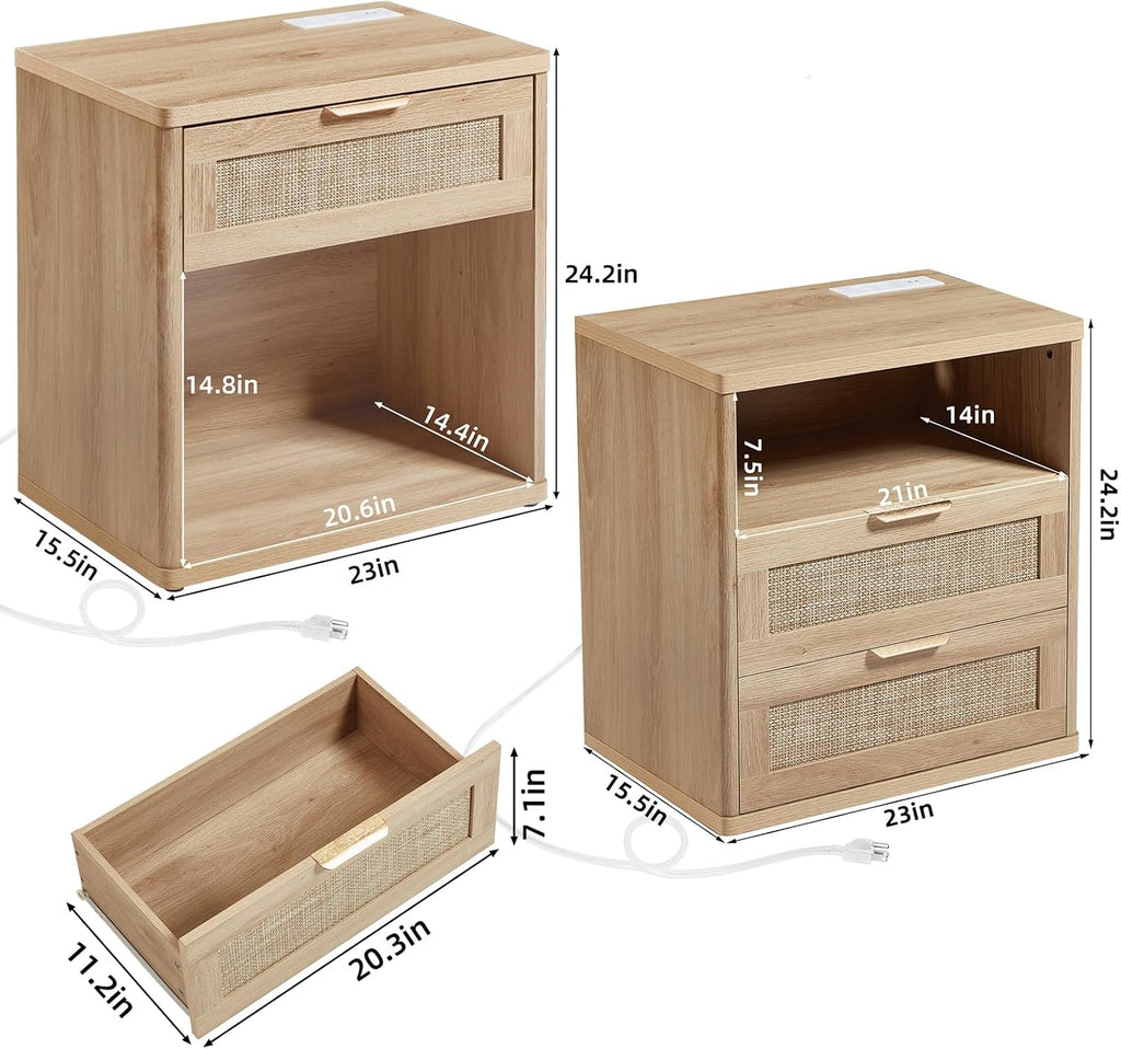 LEYAOYAO Rattan Nightstand Set of 2 with Charging Station, 1 & 2 Drawers Boho Night Stand Dresser for Bedroom, Natural Wood Bedside Table Open Storage Cabinet, Bed Side End Tables, Living Room,Hallway