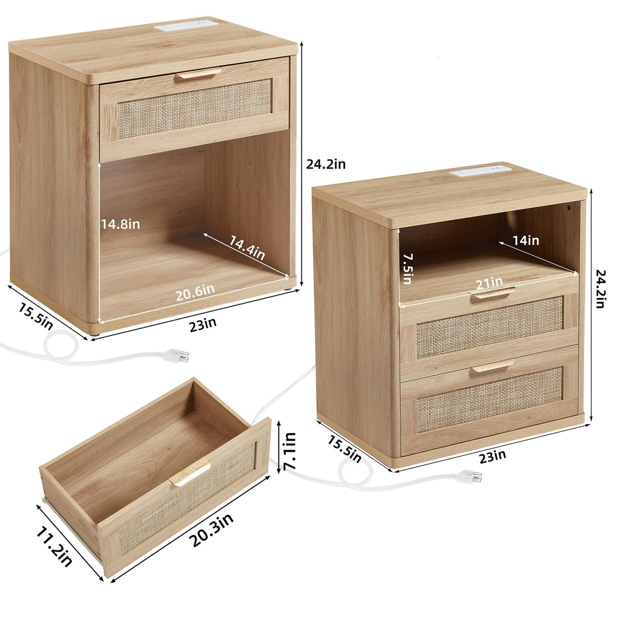 LEYAOYAO Rattan Nightstand Set of 2 with Charging Station, 1 & 2 Drawers Boho Night Stand Dresser for Bedroom, Natural Wood Bedside Table Open Storage Cabinet, Bed Side End Tables, Living Room,Hallway