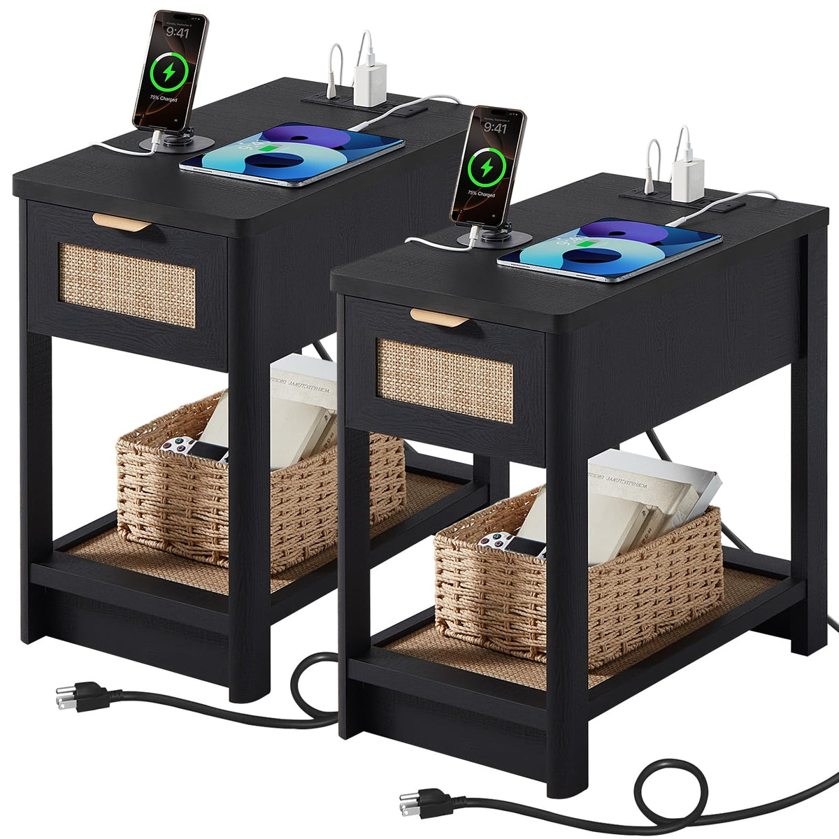 Lerliuo 24 x 14'' Narrow Night Stand Set 2 with Charger USB Ports