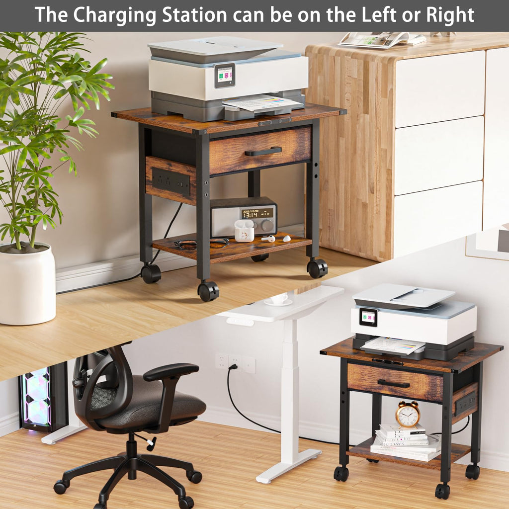 Lerliuo Under Desk Rolling Printer Stand with Drawer, 2-Tier Industrial Mobile Printer Table Desk with Storage Shelf and Steel Frame, Printer Cart Holder with Lockable Wheels for Home, Office (Brown)