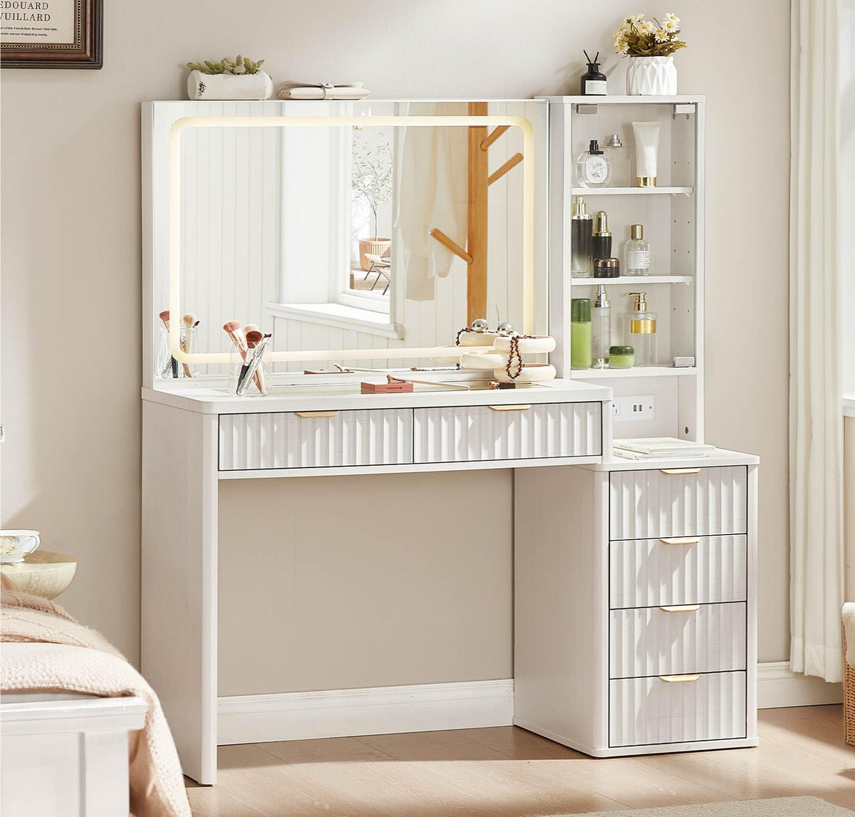 LEYAOYAO Fluted Makeup Vanity Desk with Mirror and Lights, 43.5''