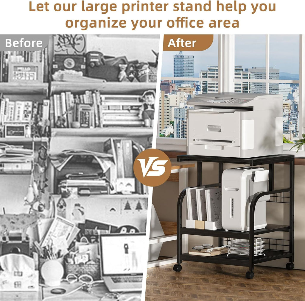 Lerliuo 3 Tier Black Large Printer Stand with Adjustable Storage Shelf