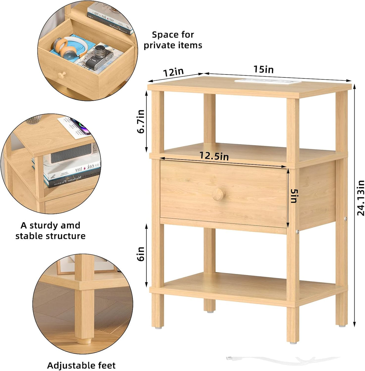 Lerliuo Nightstand Set 2 with Charger, 3 Tier Storage End Table