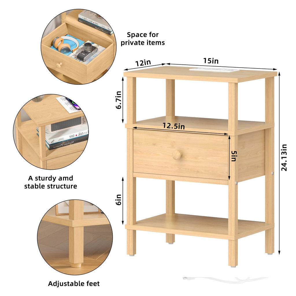 Lerliuo Nightstand with Charging Station and USB Ports, 3-Tier Storage End Table with Drawer Shelf, Night Stand for Small Spaces, Wood Bedside Table for Living Room, Bedroom - Retro Brown…
