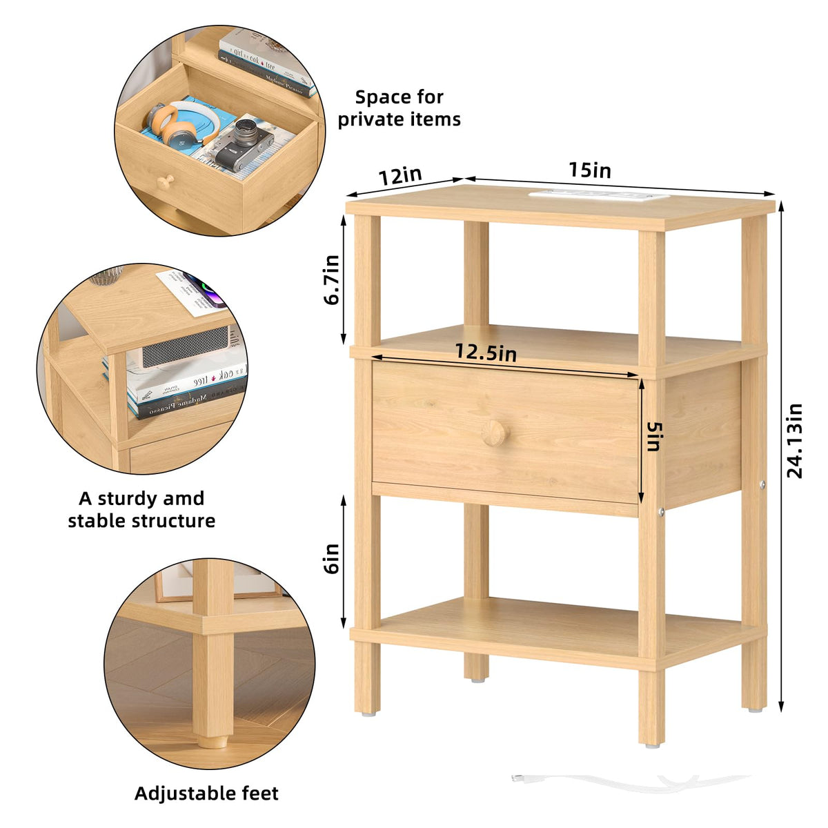 Lerliuo Nightstand with Charging Station and USB Ports, 3-Tier Storage End Table with Drawer Shelf, Night Stand for Small Spaces, Wood Bedside Table for Living Room, Bedroom - Retro Brown…