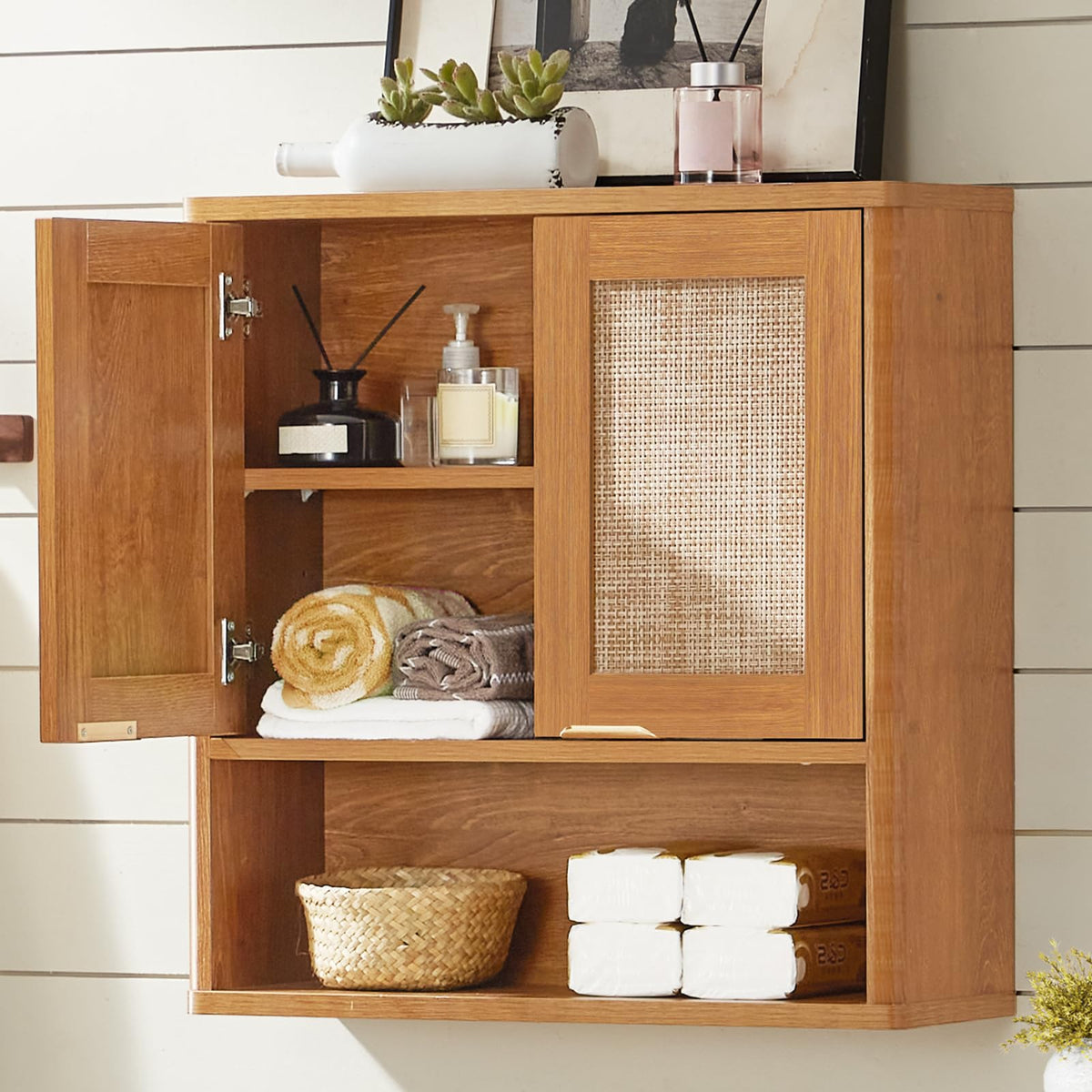 Lerliuo Rattan Bathroom Wall Cabinet, Boho Natural Medicine Cabinet with Adjustable Wood Shelf, 2 Doors Over The Toilet Storage Cabinets for Laundry Room, Kitchen, Living Room