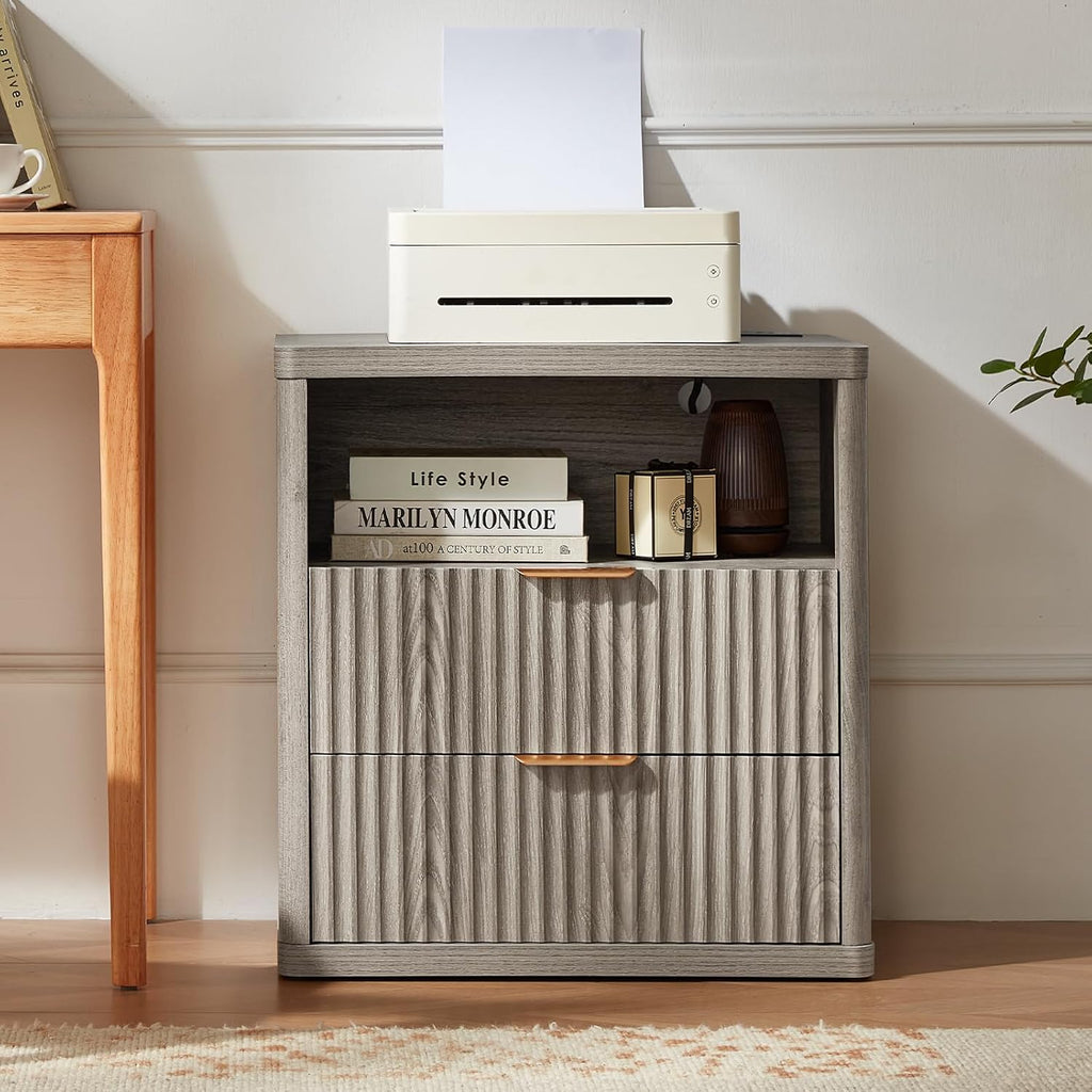 LEYAOYAO 23" Wide Fluted Night Stand with Charging Station, 2 Drawers Large End Table with Storage, LightGrey Nightstand Wood Bedside Tables, Farmhouse Cabinet Dresser for Bedroom, Closet