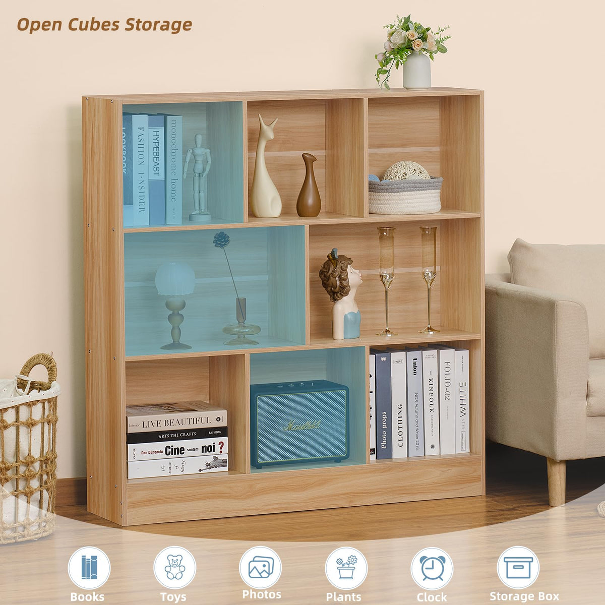 LEYAOYAO 7 Cube Bookshelf with Base,3 Tier Mid-Century Modern Blue Bookcase,Standing Wide Bookshelves Storage Organizer Shelf,Rustic Wood Display Cabinet Book Shelves for Bedroom,Living Room,Office