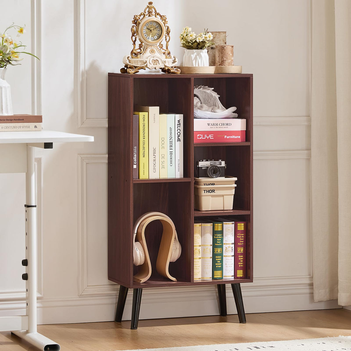 LEYAOYAO Cube Bookshelf, Mid-Century Modern Book Shelf with Legs, Brown