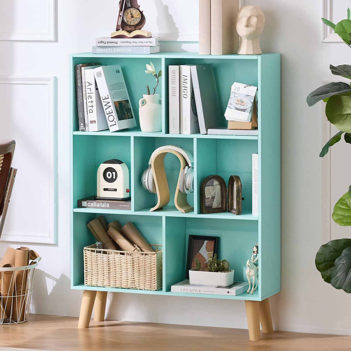 LEYAOYAO Cube Bookshelf, Mid-Century Modern Book Shelf with Legs, Brown