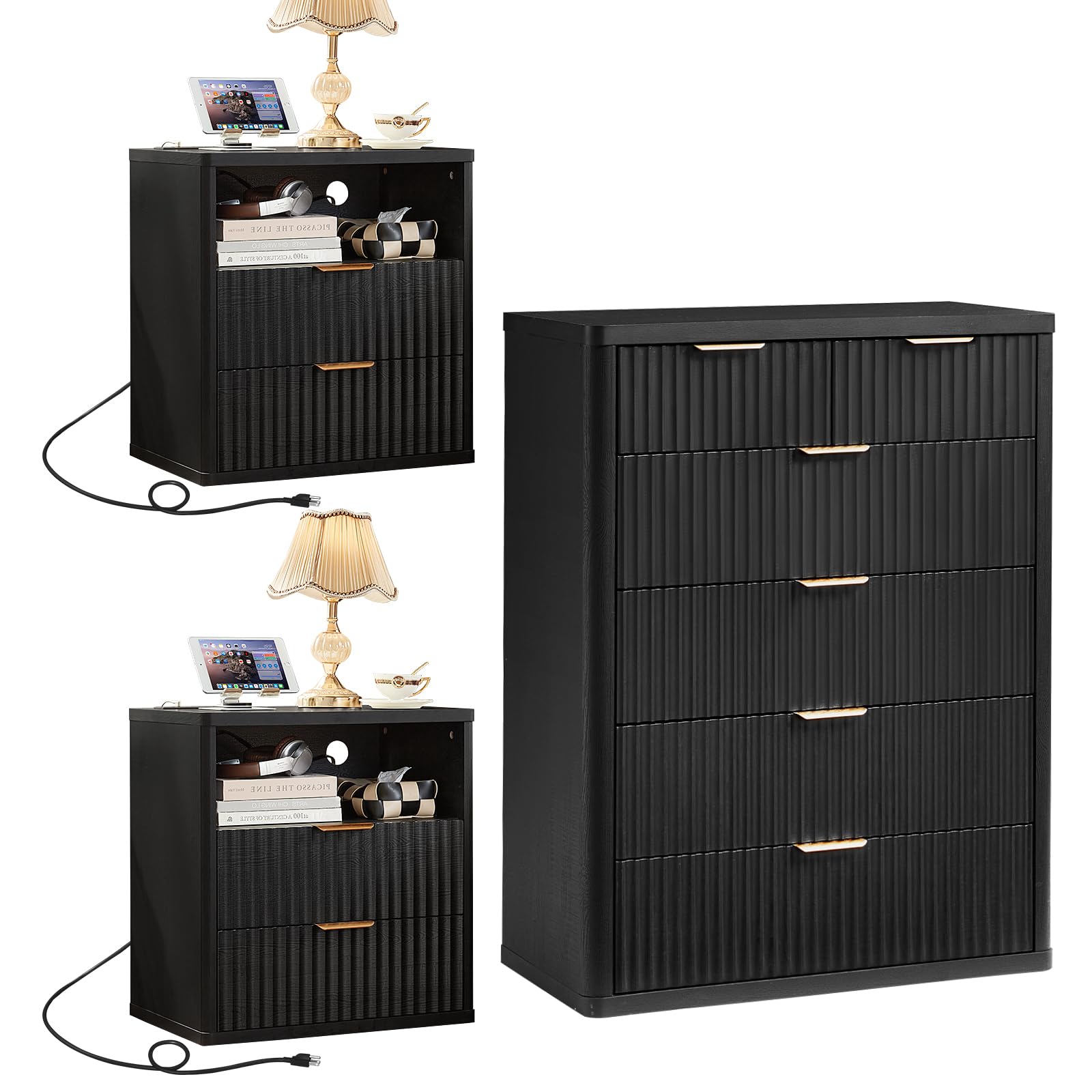 LEYAOYAO Fluted Dressers & Nightstand Set of 4, Wood 48" Wide Dresser & 42" Tall Chest of Drawers,Modern Bedroom Furniture Sets, Black Wooden Nightstand Set of 2 with 2 Drawers & Charging Station