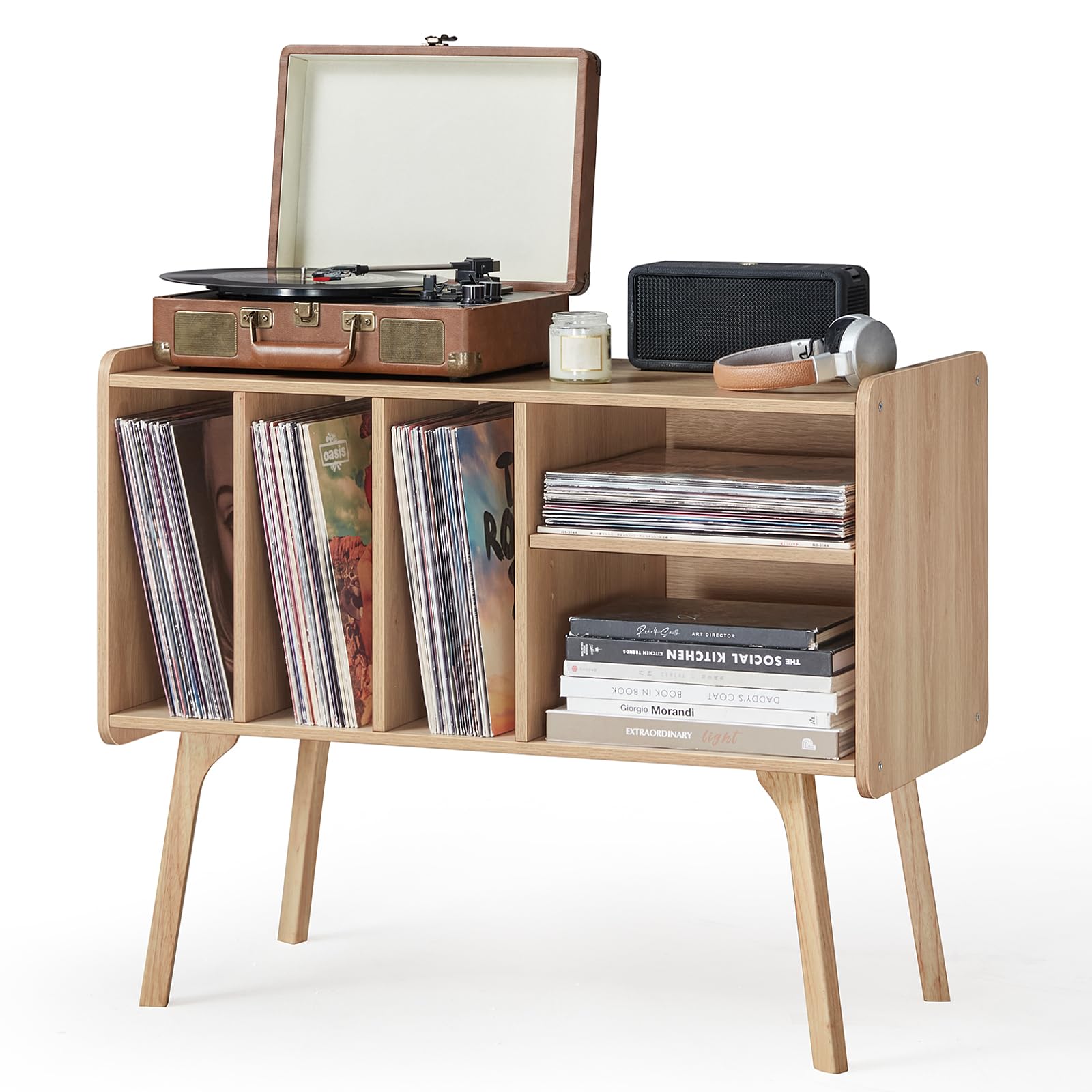 Lerliuo Record Player Stand with 4 Cabinet Holds Up to 220 Albums,Oak