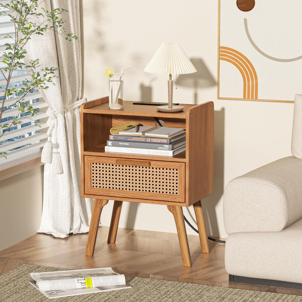 Lerliuo Rattan Nightstand with Charging Station, Boho Night Stand