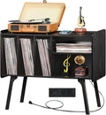 Lerliuo Record Player Stand with Charging Station Up to 220 Albums,Black